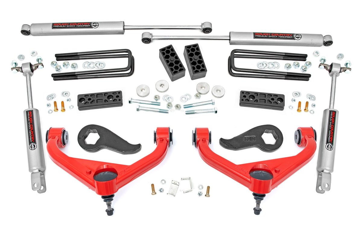 GMC Sierra 3500 HD Suspension Lift Kit - Front + Rear - Rough Country - 3 Inch, Rough Country, Tubular Upper Control Arms, Forged Torsion Bar Keys, N3 Nitrogen-Charged Shocks - '20-'23